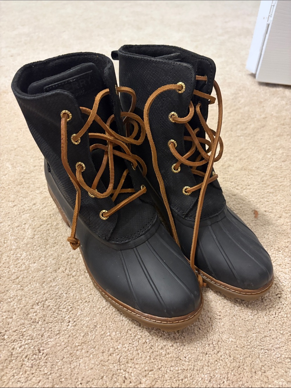 Sperry Black Duck Boots with Brown Laces